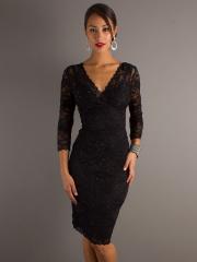 Elegant Black Lace V-neckline Three-quarter Sleeves and Sequined Trim Wedding Guest Dresses
