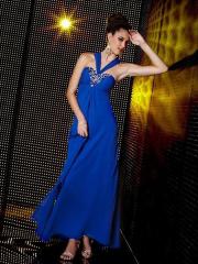 Elegant Dark Royal Blue Chiffon Hater Neckline Rhinestone Accented Evening Dresses