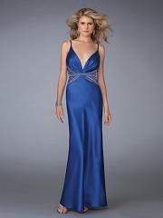 Elegant Dark Royal Blue Satin Classy A-line Style Sequins Accented Evening Dresses