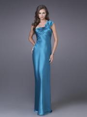 Elegant Floor Length Sheath Style Ice Blue Satin One-Shoulder Bridesmaid Gown 2012