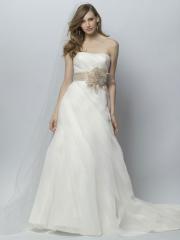 Elegant Floor-length Strapless Satin and Chiffon Court Train A-line Wedding Dress of Floral Sash