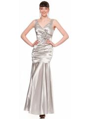 Elegant Floor-length V-neck Floral Silver Satin Dress