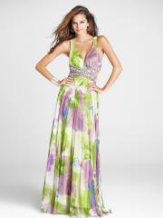 Elegant Floral Print Chiffon Fabric V-neckline Rhinestones Accented Full Length Evening Dresses