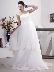Elegant Ivory Queen Anne Neckline Gown of Laced Bridal Dress