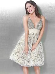 Elegant Knee Length A-line Style Deep V-neckline Sequined Trim Wedding Guest Dresses