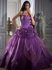 Elegant Purple Organza Beaded Halter strap Dropped Waist Ball Gown Quinceanera Dresses