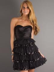 Elegant Strapless Short A-Line Multi-Tiered Black Satin and Tulle Wedding Guest Dress