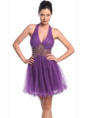Elegant Tulle Fabric Halter Neckline and Open Back Sequined Band Accented Prom Dresses