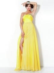 Empire Style Floor Length Daffodil Chiffon Slit Beaded Bust Bridesmaid Dresses