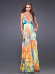 Empire Style Floor Length Multi-Color Printed Chiffon Brooch Front Celebrity Gown