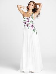 Empire Style Floor Length White Chiffon Spaghetti Strap Neck Flower and Jeweled Evening Gown