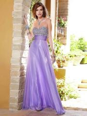 Empire Style Strapless Beaded Bodice and Lavender Satin Floor Length Evening Dress