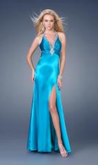 Enchanting Floor Length Ice Blue Silky Satin Prom Dress of Diamantes at Front Bust and Crisscross Back