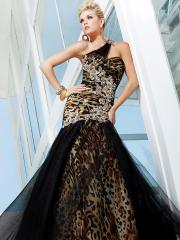 Exclusive One-Shoulder Floor Length A-Line Black Tulle and Leopard Printed Celebrity Outwear