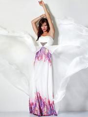 Exclusive Strapless Floor Length Sheath White Printed Chiffon Evening Gown