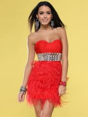 Exquisite Feather Strapless Sweetheart Neckline Rhinestone Band Mini Prom Dresses