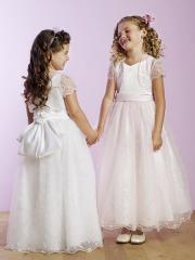 Exquisite Tea-length Flower Girl Dress with Floral Bow Tie and Embroidery