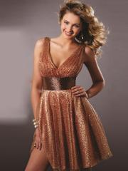 Exquisite V-Neck Brown Dotted Tulle Short Sheath Homecoming Dress with Chocolate Band
