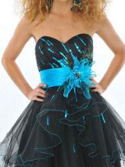 Fanciful Sweetheart Black Satin and Tulle with Blue Satin Sash and Flower Home Gown