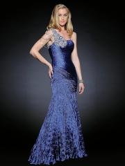 Fantastic One-Shoulder Floor Length Sheath Dark Royal Blue Pleated Satin Celebrity Dress