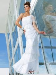 Fascinating Asymmetrical Neck Floor Length White Tiered Lace One Side Sleeve Celebrity Dress