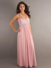 Fascinating One-Shoulder Column Floor Length Pink Draped Chiffon Diamantes Bridesmaid Dress