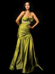 Fascinating Strapless Floor Length Trumpet Green Satin Beaded Bridesmaid Gown