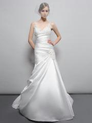 Fascinating V-neck Spaghetti Straps Embroidered Bodice Ruffled Satin Skirt A-line Wedding Dress with Semi-cathedral Train