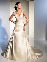 Fashionable Deep V-Neck Satin Bridal Gown with Embroidery and Chapel Train