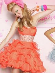 Fashionable Strapless Short A-Line Orange Red Tulle Beaded Waist Homecoming Dresses