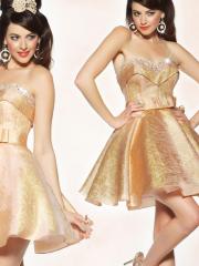 Flashing Strapless Short A-Line Gold Silky Satin Rhinestone Embellished Party Dress