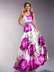 Flattering Floral Print Fabric Asymmetrical Neckline Beaded Band Accented Prom Dresses