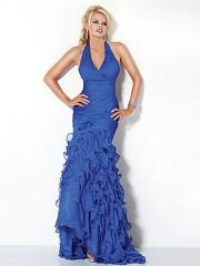 Flirtatious Deep V-Neck Royal Blue Chiffon Ruffled Skirt Wrap Back Evening Dress