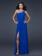 Flirtatious One-Shoulder Royal Blue Floor Length Chiffon Slit Skirt Beaded Evening Gown