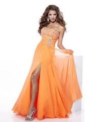 Flirtatious Strapless Orange Chiffon Slit Skirt Rhinestone Embellished Party Dress