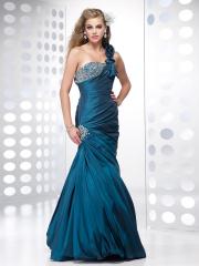 Flirty One-Shoulder Ice Blue Silky Heavy Satin Beaded Mermaid Celebrity Gown