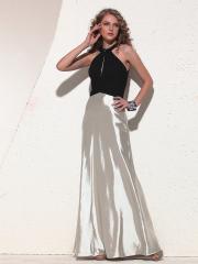 Floor Length Empire Style Jewel Neck Black Chiffon Bodice and White Satin Skirt Celebrity Dress