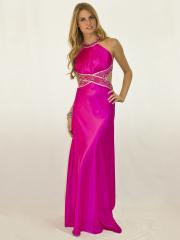 Floor Length Fuchsia Satin Jewel Neck Sheath Style Evening Dress of Diamantes Front