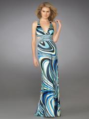 Floor Length Plunging V-Neck Multi-Color Printed Sheath Evening Gown of Sequined Waist