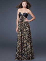 Floor Length Strapless Notched Neck Animal Printed Evening Gown of Open Back on Sale