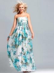 Floral Print Chiffon A-line Style Strapless Full Length Evening Dresses