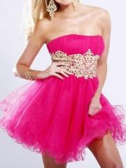 Fuchsia A-line Strapless Sequined Appliques Bodice Short Length Organza Homecoming Dresses