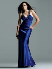 Glamorous Beaded Halter Top Sheath Style Dark Royal Blue Silky Satin Celebrity Gown