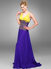 Glamorous Deep V-Neck Floor Length Daffodil and Purple Chiffon Evening Dress of Beading