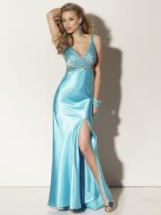 Glamorous Floor Length Deep V-Neck Silky Blue Satin Diamantes Embellished Prom Outwear