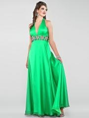 Glamorous Green Silky Satin Empire Style Floor Length Rhinestone Embellished Wedding Guest Dress