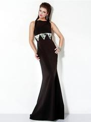 Glamorous High Neck Sheath Floor Length Black Satin Diamantes Embellished Evening Dress