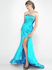 Glamorous Ice Blue Sheath Floor Length Satin Asymmetrical Neck Slit Evening Dress