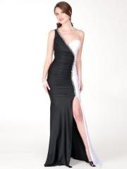 Glamorous One-Shoulder Black And White Sheath Style Satin Slit Evening Gown 2012