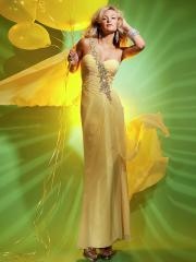 Glamorous One-Shoulder Sheath Floor Length Daffodil Chiffon Rhinestone Strap Prom Dress